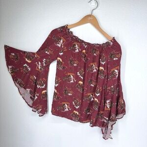Panhandle Western Cowboy Rodeo Horse Bell Sleeve Top Size M Burgundy Festival